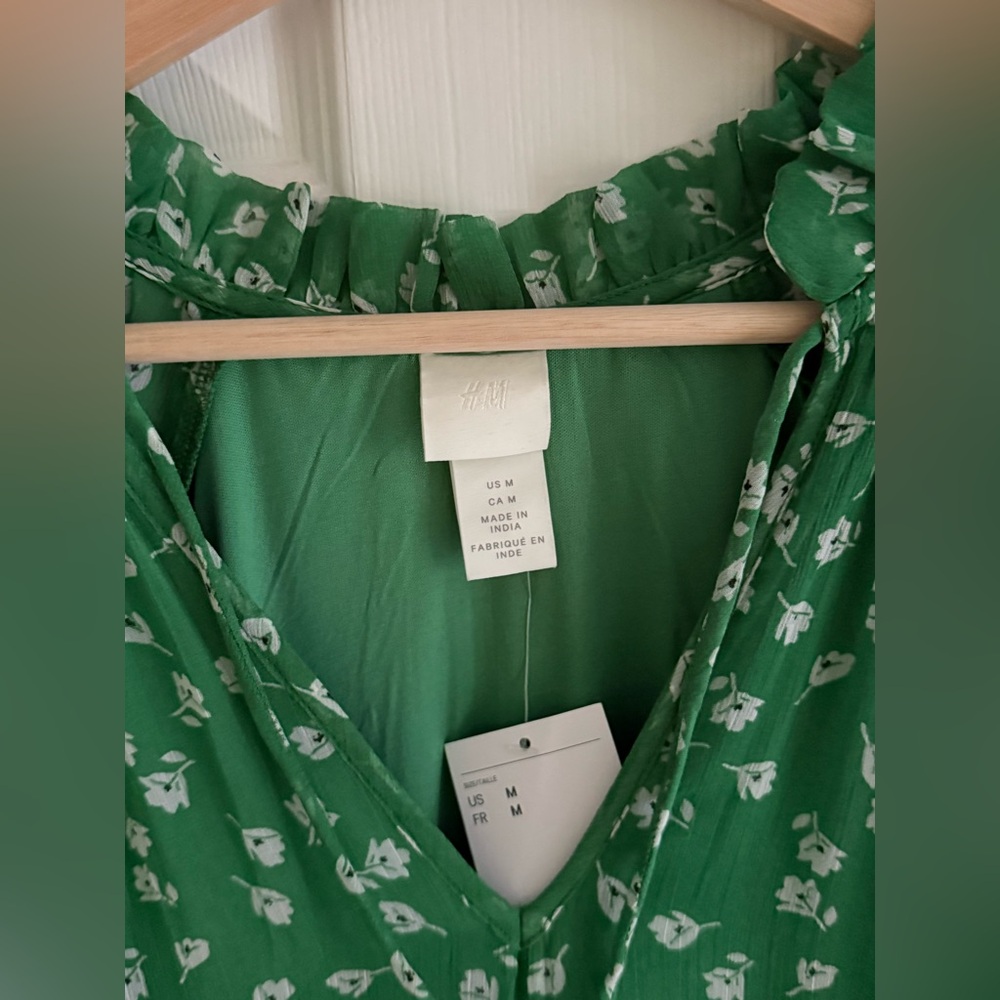 H&M Floral Flounce Green Chiffon Long Sleeve Maxi Dress sz M - Picture 4 of 8